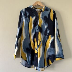Chico’s Blue Yellow Button Up Long Sleeve 1 US Size 6 Cotton Blend Abstract Art